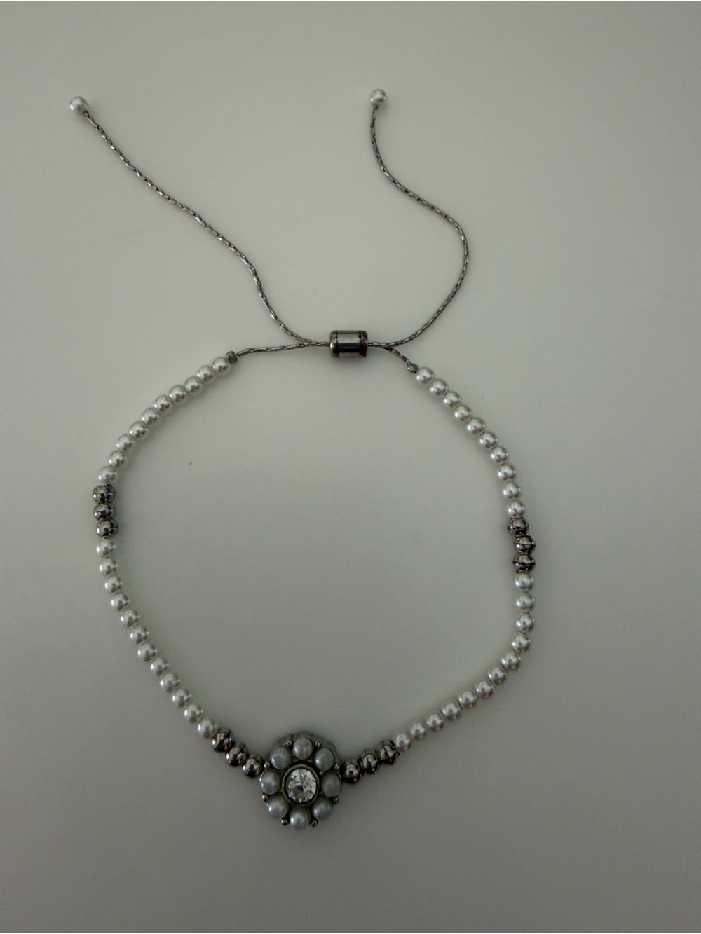 Pearl and Crystal Adjustable Bracelet - White